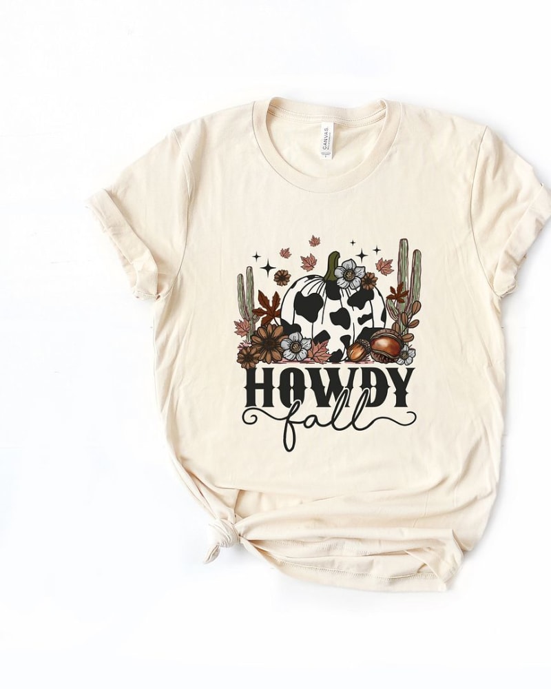 Front of a size L Howdy Fall Pumpkin Short Sleeve Graphic Tee in Cream by Simply Sage Market. | dia_product_style_image_id:308241
